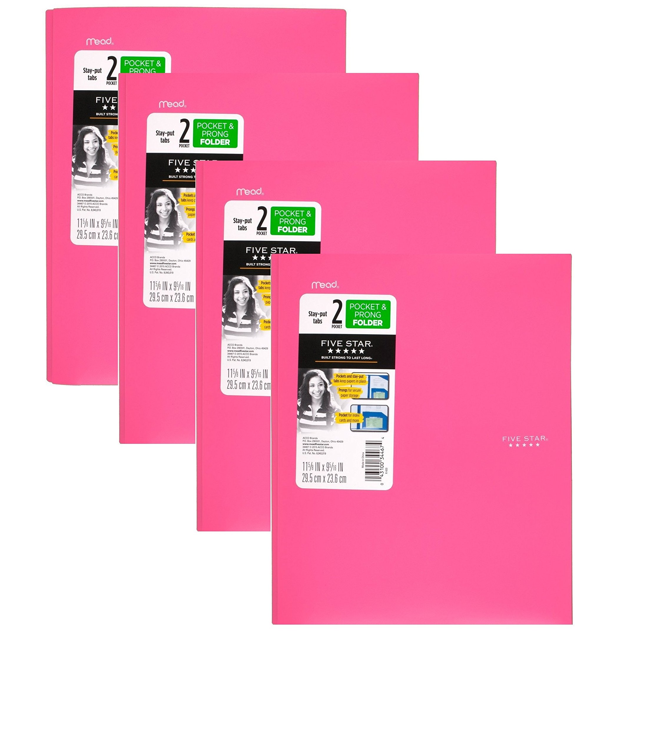 Five Star 2 Pocket Folders with Prong Fasteners, Stay-Put Folder, Folders with Pockets, Assorted Colors pink ( package 25 )