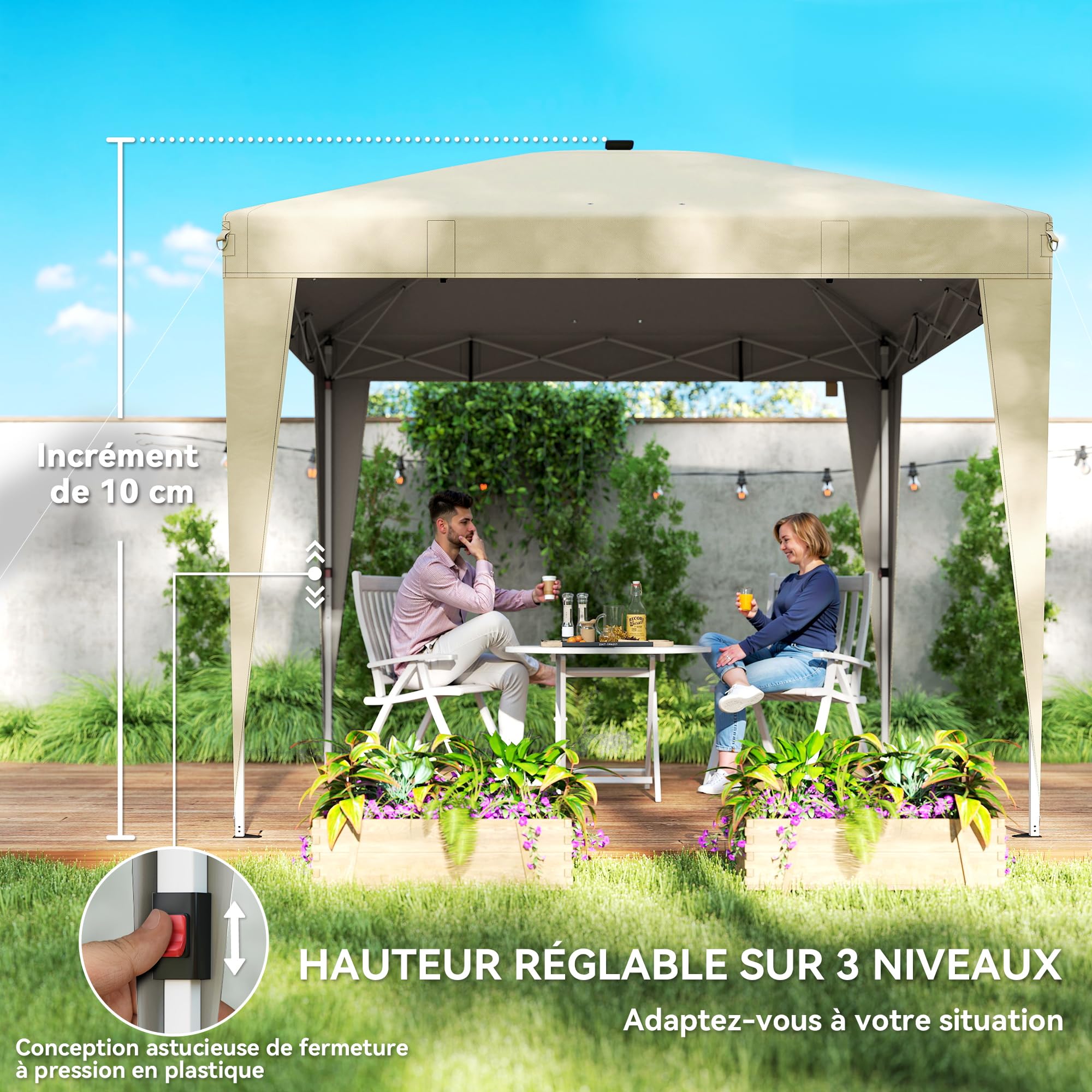 Outsunny Tonnelle de Jardin 3 x 3 m Éclairage Pop Up Télécommande Crème