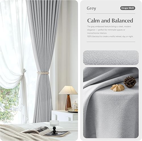 Miniatura 5 de FMFUNCTEX Cortinas grises 100% opacas para dormitorio, cortinas florales texturizadas en relieve de 84 pulgadas de largo para sala de estar, cortina