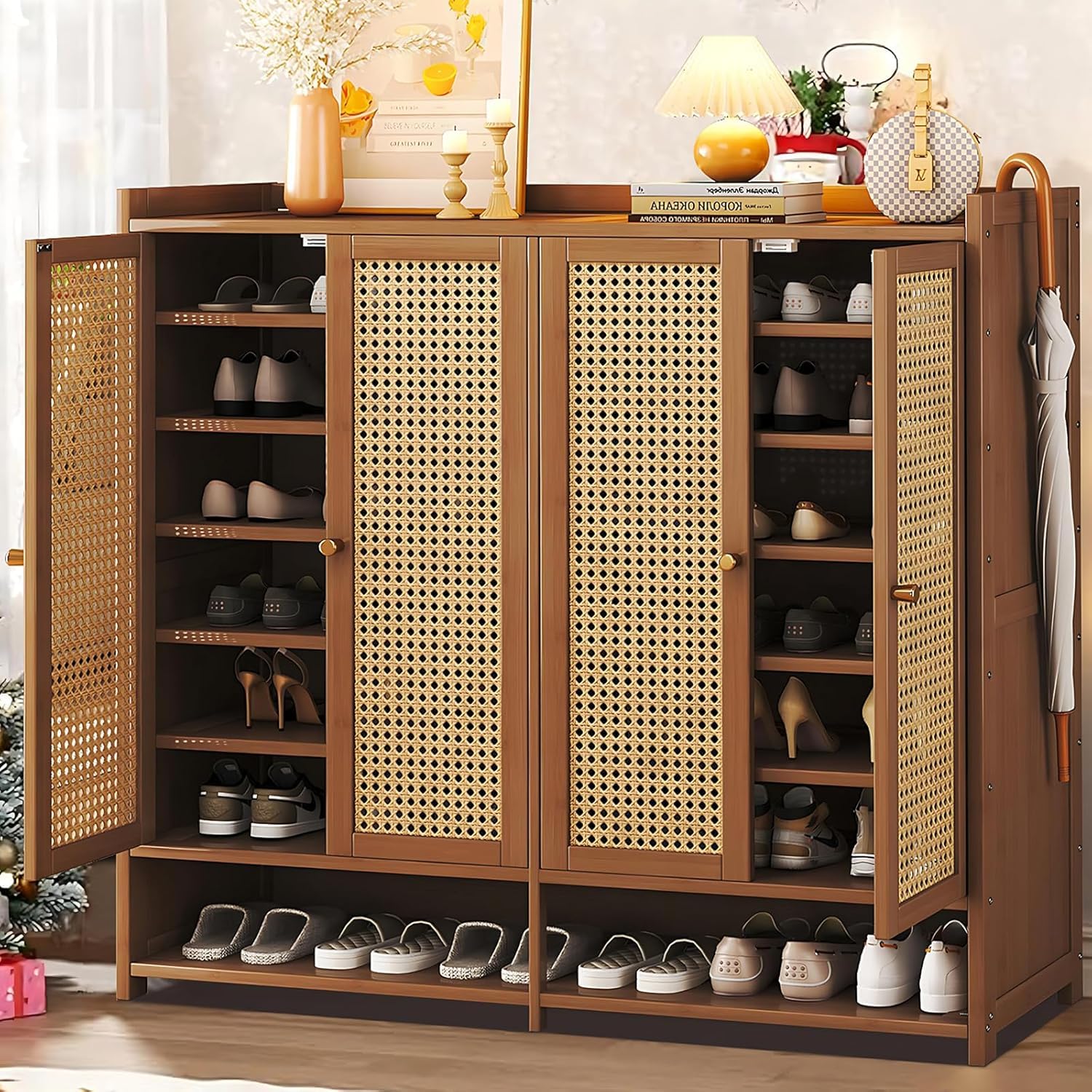 EOQIFJM Bamboo Shoe Cabinet with Door, 8 Tier Shoe Rack for Closet, Entryway Shoe Storage Cabinet for 36-40 Pairs, Shoes Rack Organizer for Living