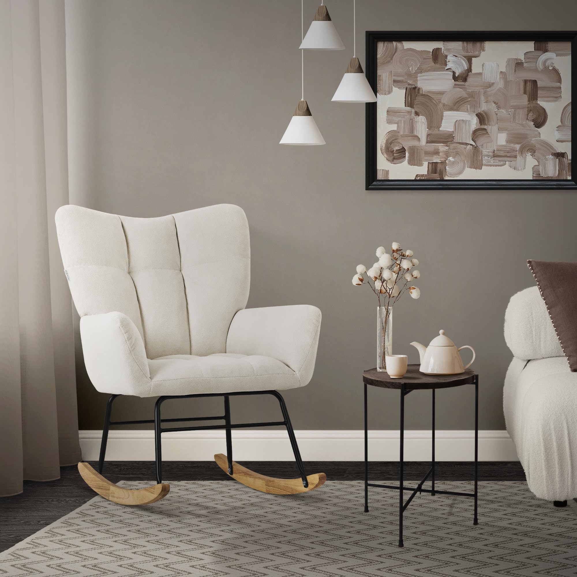 ML-Design Poltrona a Dondolo per Salotto Sedia Confortevole Beige Imbottita Poltroncina da Soggiorno con Braccioli e Schienale Alto Rilassante Base in Legno Massiccio Arredamento Casa