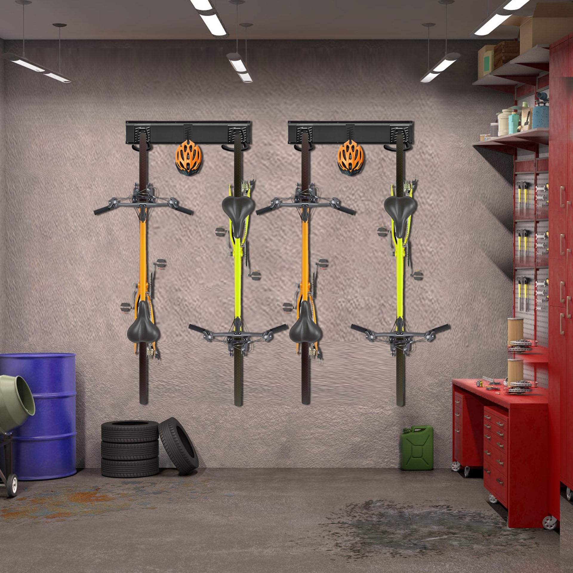 Mimoke Soporte de pared vertical ajustable para bicicleta eléctrica, MTB y bicicleta de carretera, soporte de pared para bicicletas y ganchos para casco (para 4 bicicletas 2 rieles)