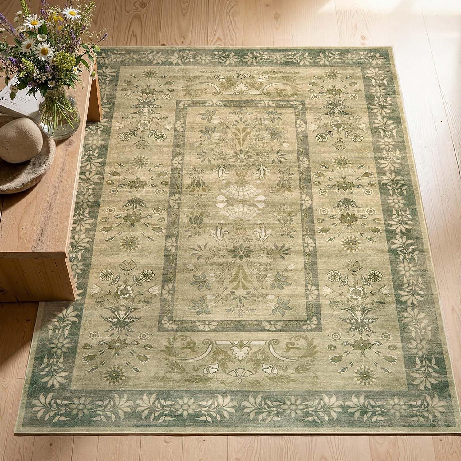 jinchan Area Rug 5x7 Washable Rug, Vintage Floral Living Room Carpet Non Slip Home Decor Rugs, Low-Pile Carpet for Bathroom Entrance Bedroom Office Farmhouse and Dining Table (Brown Green)