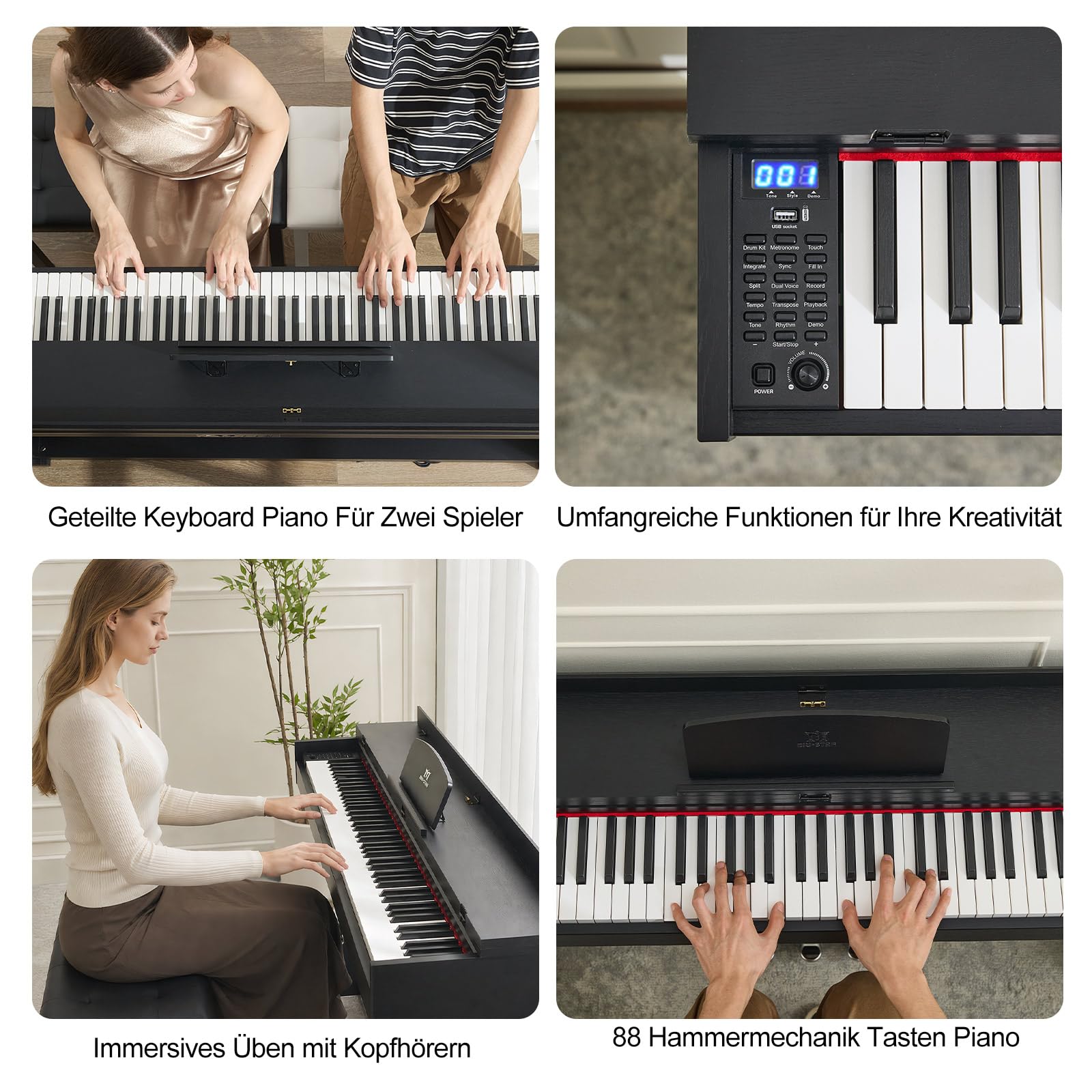 MUSTAR Piano électrique 88 touches, piano numérique, piano électrique avec support de piano, 3 adaptateurs de pédale, 2 prises casque, écran LCD, USB/MIDI, piano pour débutants, Noir | Piano numérique pour débutants avec touches lestées, double prise casq