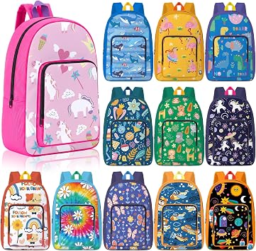 Sanwuta 24 Pcs 15 Inch Backpack in Bulk Lightweight Colorful Book Bags with Fun Patterns Elementary Backpack for Travel, Donations Supplies