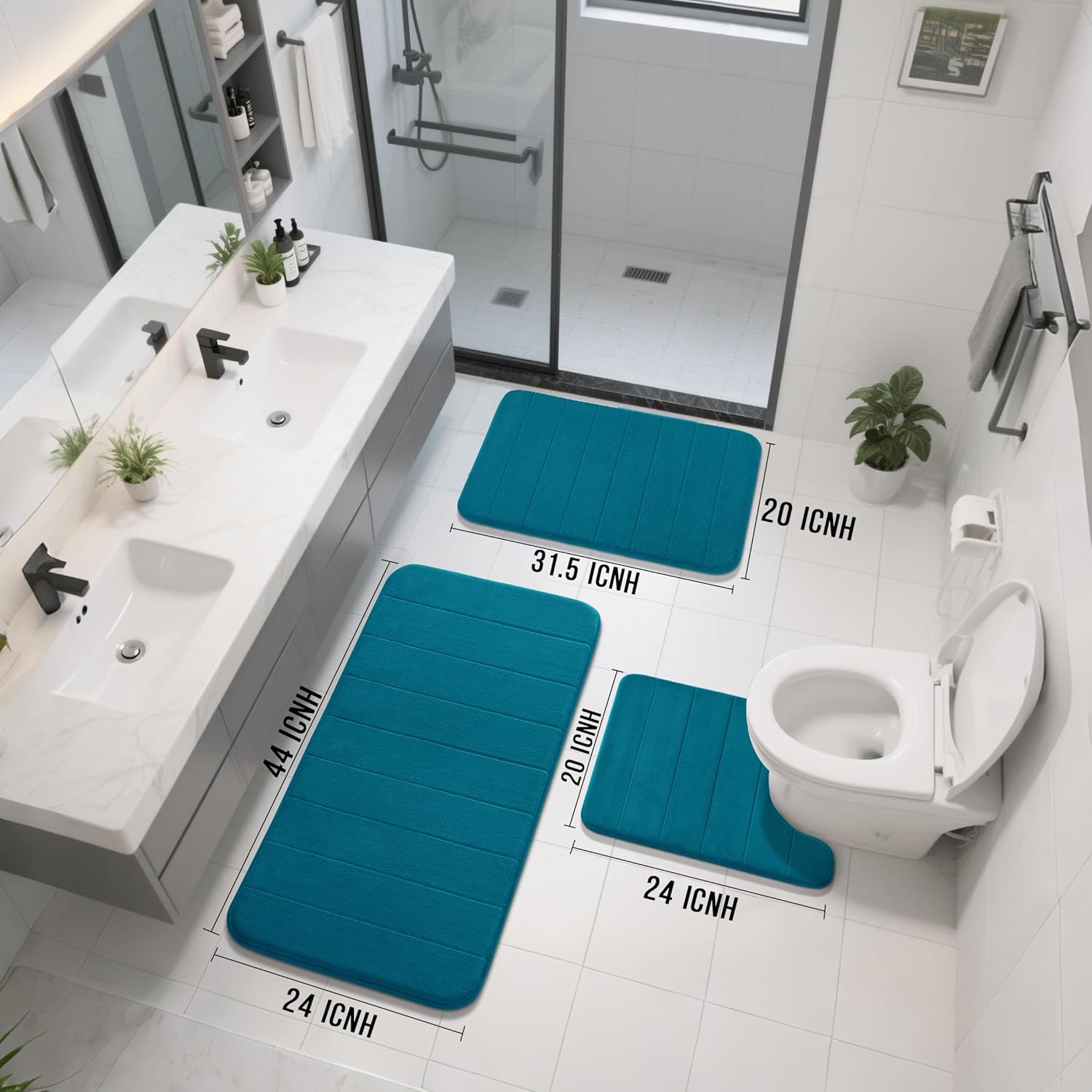 Yimobra 3 Pieces Memory Foam Bath Mat Set with U-Shaped Toilet Rug - Non Slip Super Soft Absorbent Quick Dry Bathroom Rugs for Bathtub, Vanity & Toilet Base, Peacock Blue - Image 2