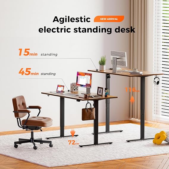 Agilestic Height-Adjustable Electric Desk, 140x80 cm Sit-Stand Office Desk, Computer Desk with Memory Function, Standing Desk, Gaming Desk, Brown