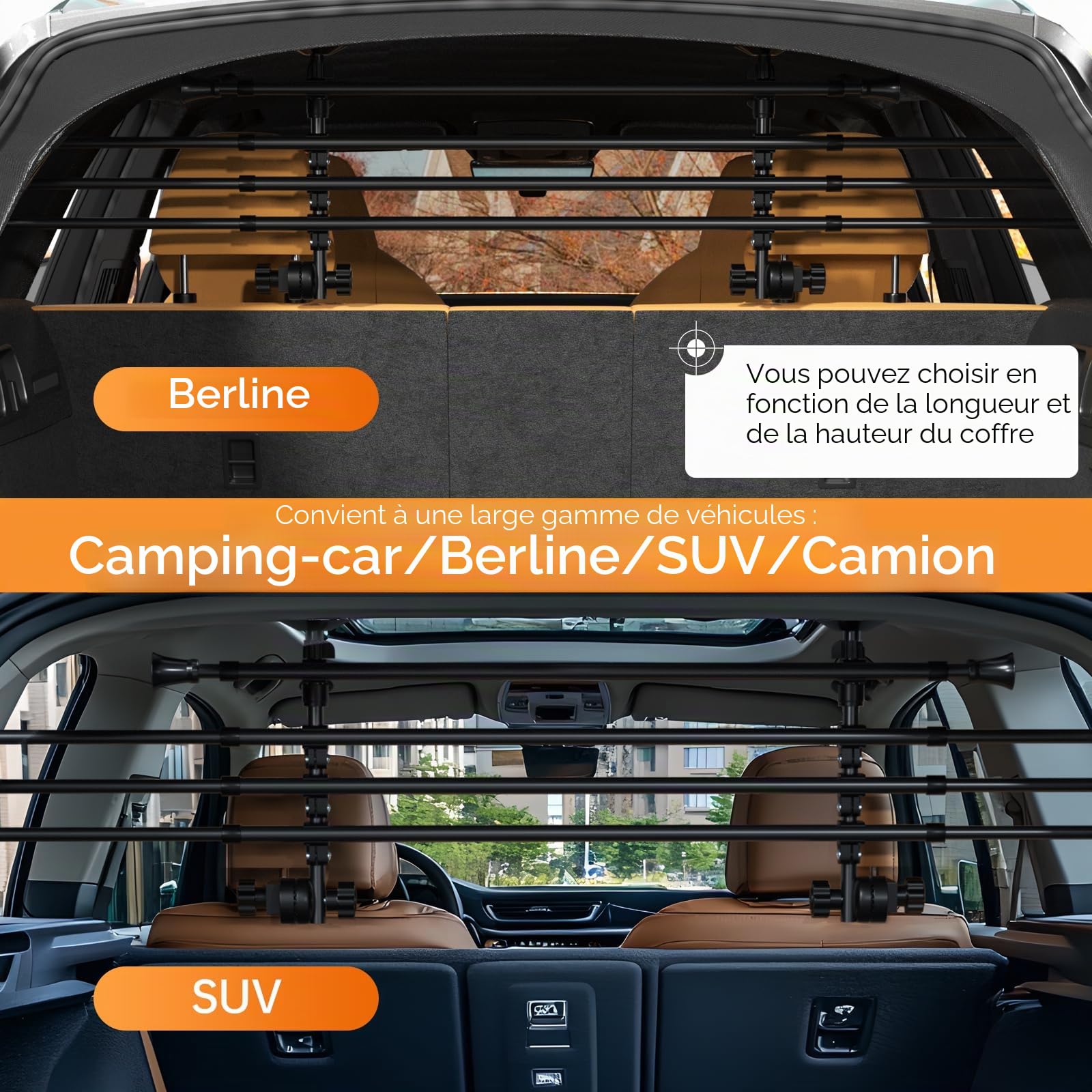 Grille chien voiture universelle réglable pour SUV, breaks, voitures, camionnettes et utilitaires – Barrière de séparation coffre pour chien, grille de sécurité en acier robuste, facile sans perçage