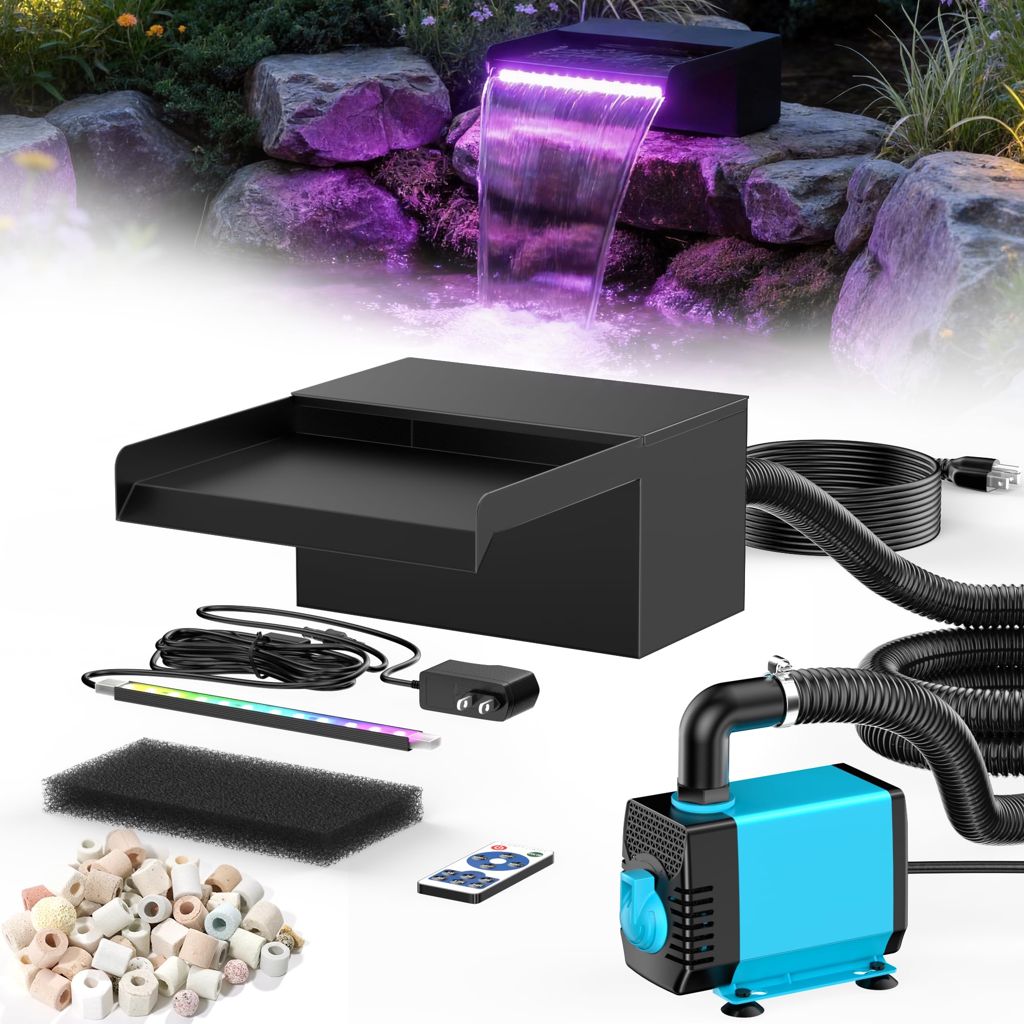 POPOSOAP Cascada de estanque de 20 cm de ancho, caja de cascada de acero inoxidable con bomba de estanque de 2500 L/H, cadena de luces LED de cambio de color controlada por control remoto, juego de