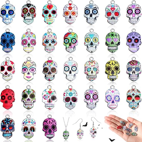 Hicarer 62 Pcs Sugar Skull Charms for Jewelry Making Halloween Enamel Charms Dia De Los Muertos Flower Skull Pendants for Necklaces Bracelets Earring Crafts(Chic Style)
