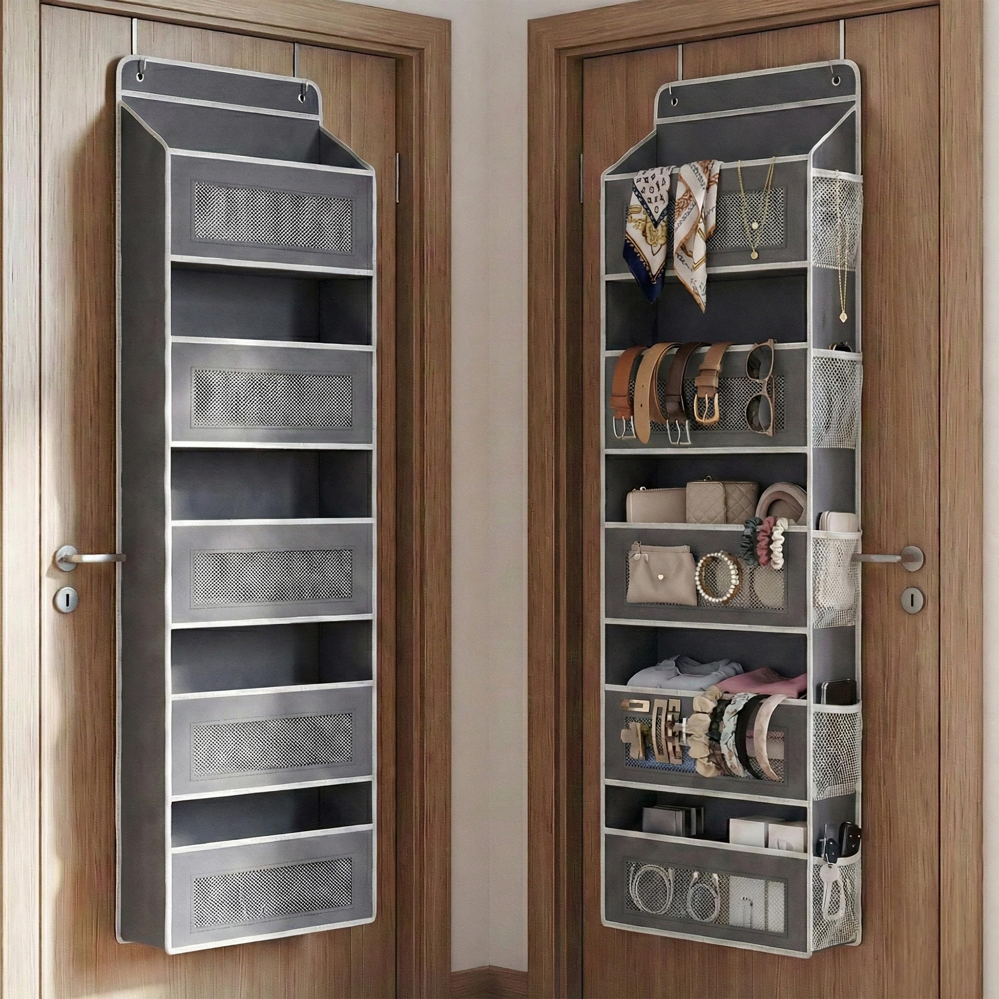 clapone over the door organizer/large pockets – anti-tilt hanging storage for bedroom/closet door storage/bathroom/pantry/nursery/bedroom (grey, 5 layers)