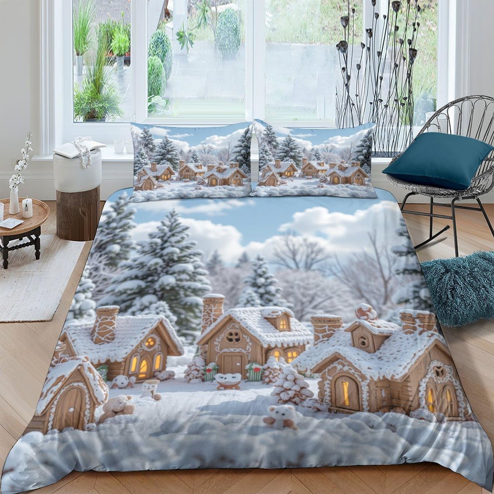 Ctjqhvkz Style-5 3D Printed Winter Village Scene Fitted Sheet Microfiber Snow Forest Bed Cover Non Slip Machine Washable Bedroom Decor Single（135X200cm）
