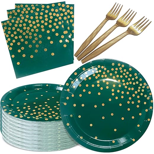 Green Paper Plates and Napkins Party Supplies,Serve 35 Guests 7 Inch Dark Green and Gold Party Plates and Napkins for Wedding Graduation