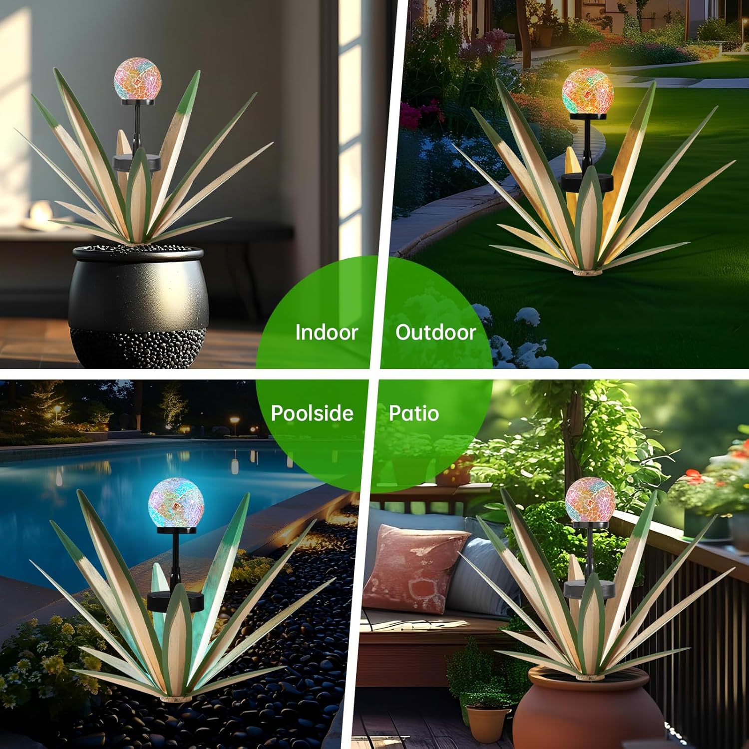 Tequila Rustic Sculpture Metal Yard Decor with Solar Mosaic Light, 21in (H) Hand Painted Metal Agave Garden Statue (1 Pack Green)