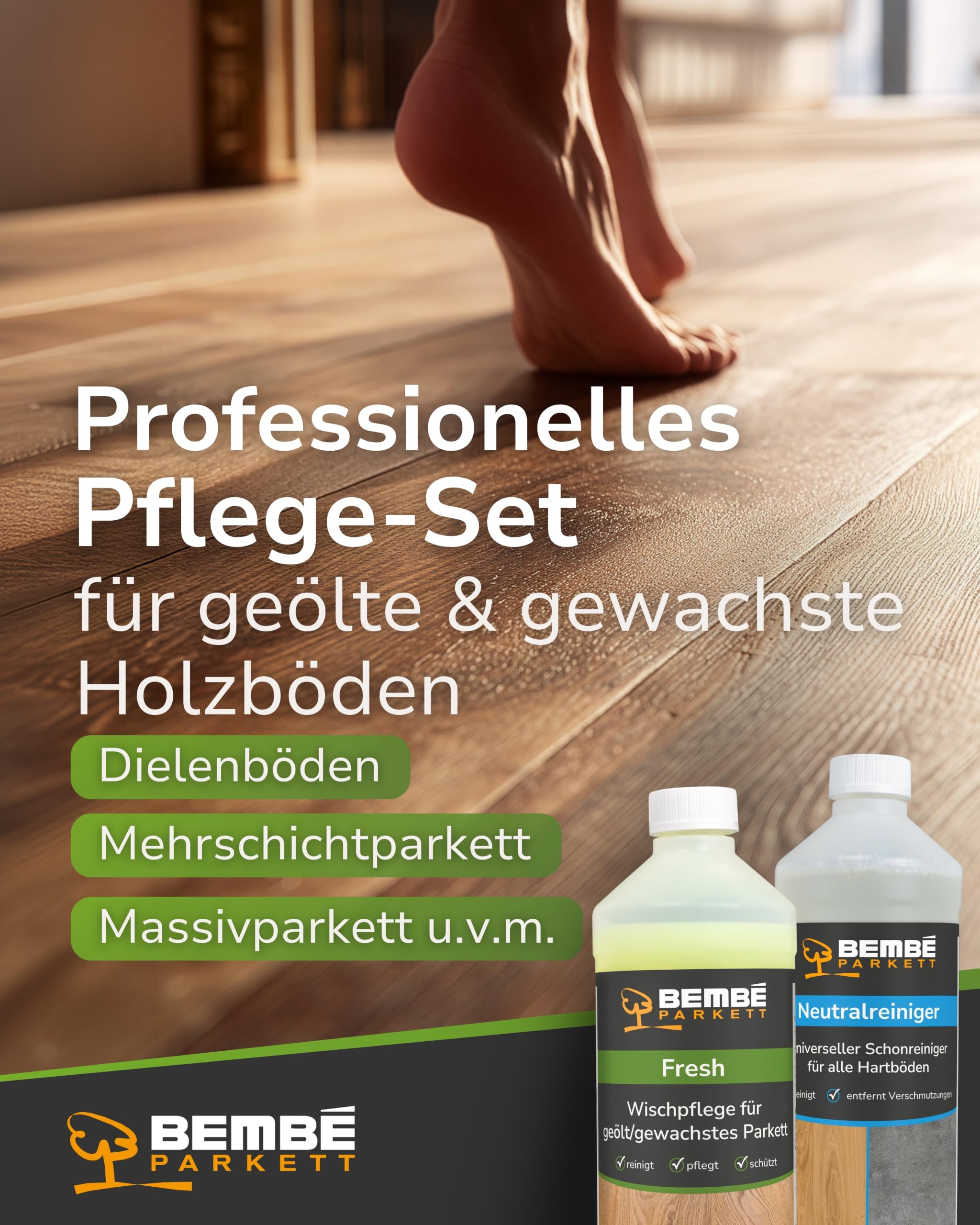 Bembé Erstpflege-Set für geöltes Parkett I Pflegewischer + 1 L Fresh + 1 L Neutralreiniger I Parkettpflege für geöltes & gewachstes Parkett I Reinigt, schützt & pflegt I Seidenmatt & rutschhemmend