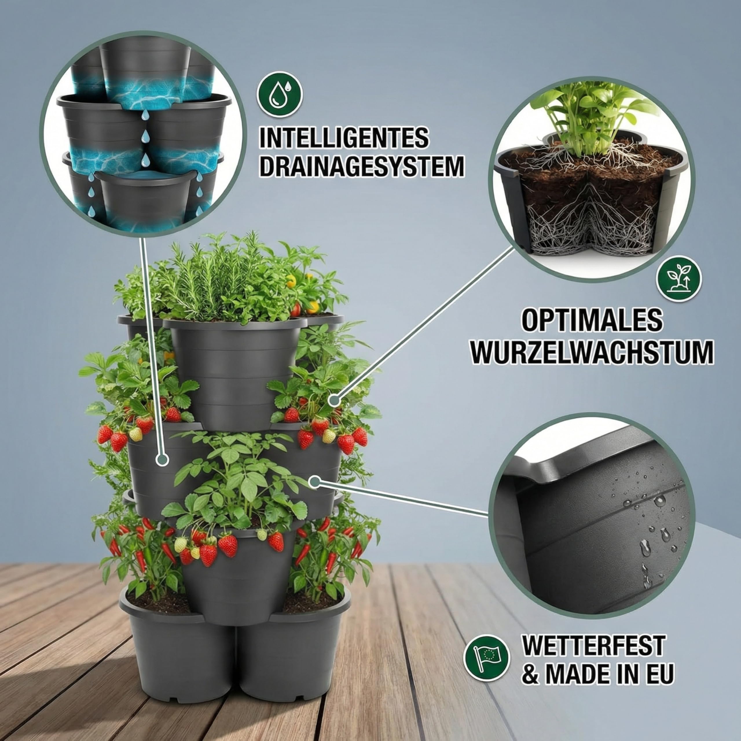 Pflanzturm 4er Set stapelbar – Vertikales Hochbeet System für Balkon & Terrasse – Bestens geeignet als Erdbeerturm, Kartoffelturm & Kräuterturm – Platzsparend, wetterfest, Hergestellt in der EU