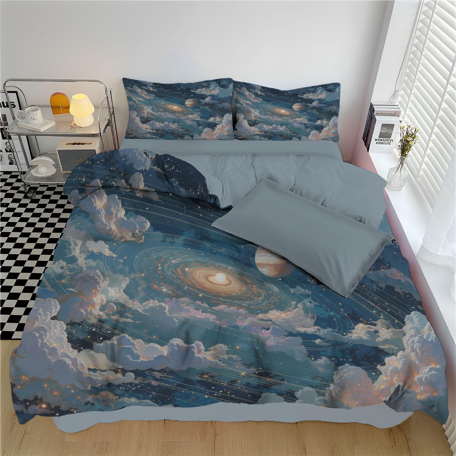 Housse de couette réversible étoiles et planètes parure de lit 3D facile à laver en microfibre