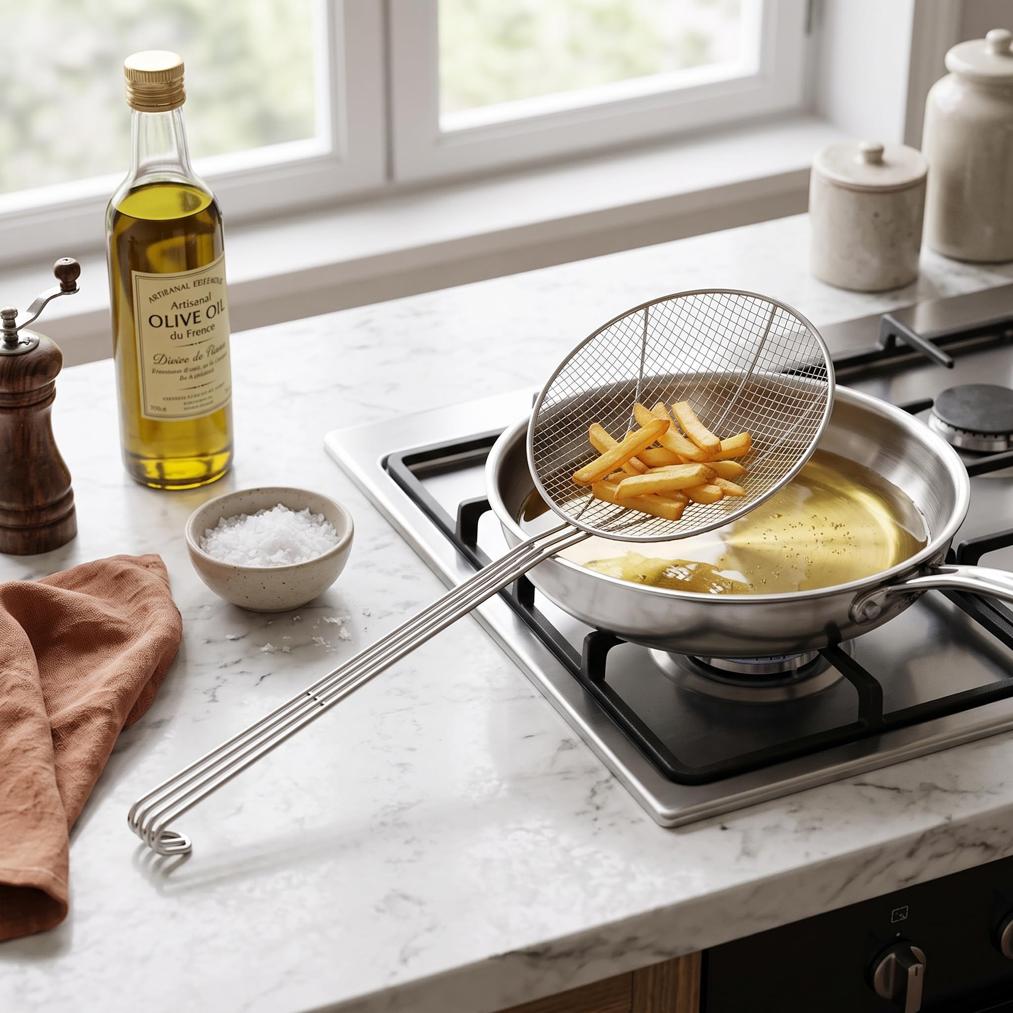 Cuillère D'écumoire à Long Manche, Cuillère D'écumoire de Cuisine en Acier Inoxydable 304, Louche à Mailles Fines avec Crochet pour la Cuisson de la Friture (20cm)