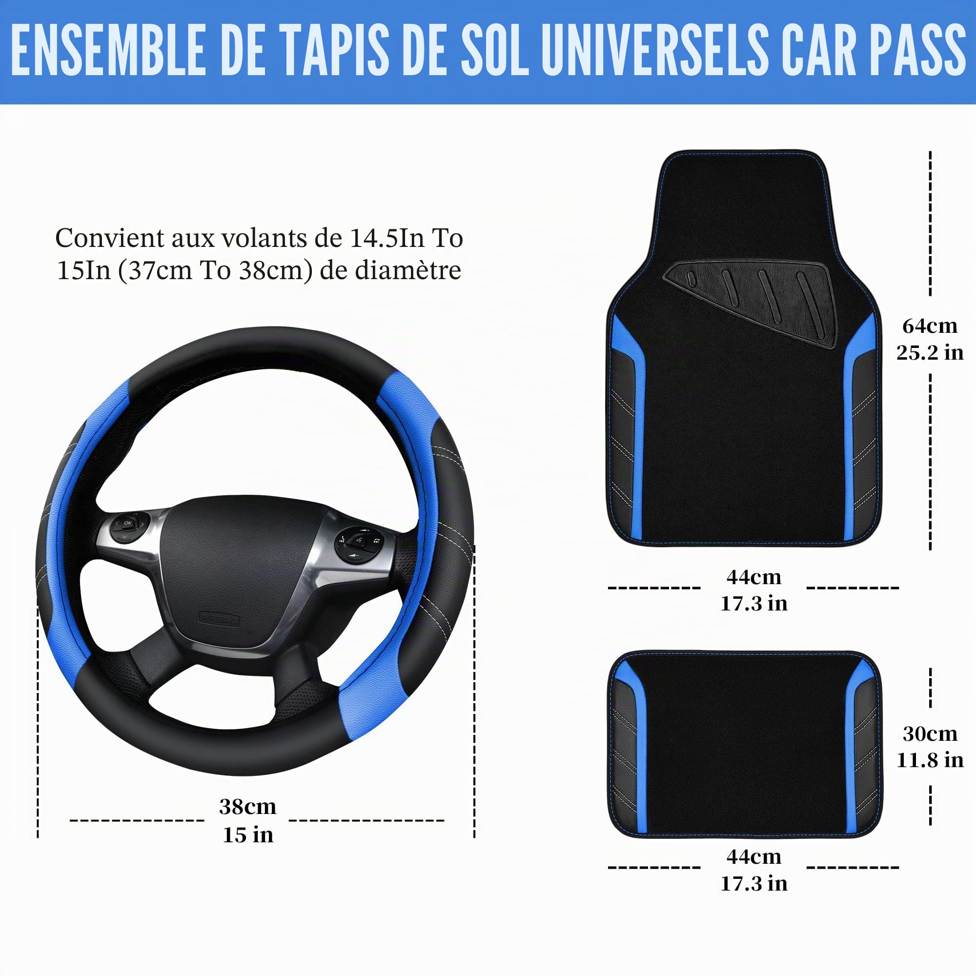 CAR PASS Housse Volant en Cuir et Tapis Sol Voiture imperméables, Universelle pour 95% des Voitures camions SUV, 36.8 à 38.1 cm, Design Sportif antidérapant et Confortable(Noir et Bleu)