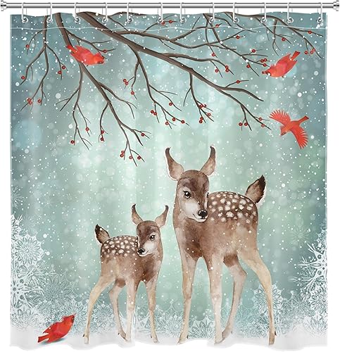 Miniatura 4 de Cortina de ducha de ciervos de invierno, lindo ciervo y cardenal con copo de nieve sobre fondo verde azulado, cortina de ducha para baño, cortina de