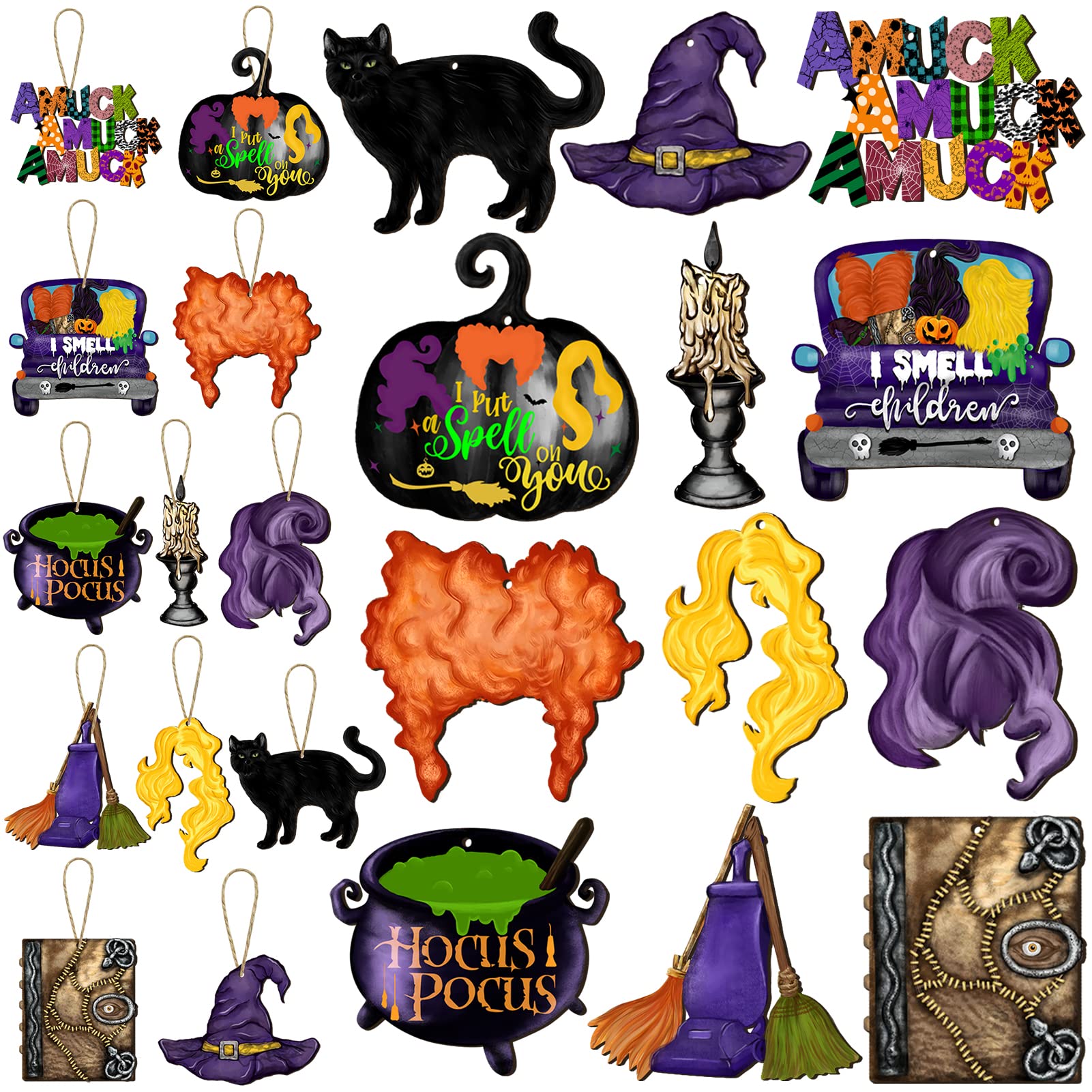 Halloween Hocus Pocus Wooden Hanging Ornaments, Halloween Witches Sister Wood Hanging Decor Wood Hanging Signs Character Cutouts Tree Decorations Halloween Hocus Pocus Party Supplies (Hocus Pocus)