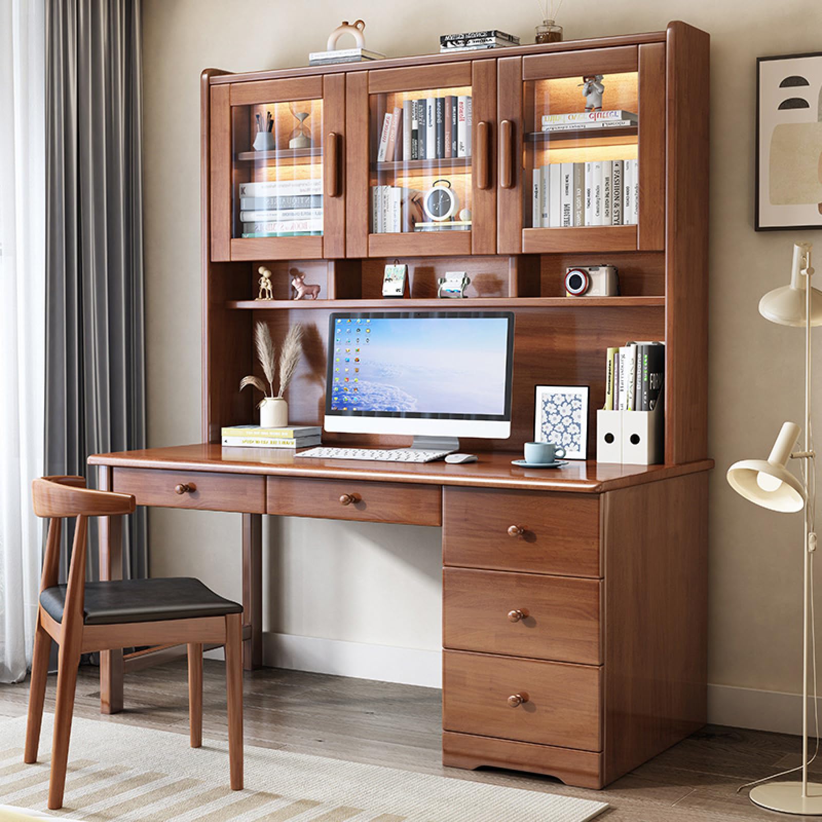 MESCXTY Study Table with Hutch, Modern Home Office Desk Drawers & Glass Door Writing Workstation for Small Space(100x60x186cm, Brown)