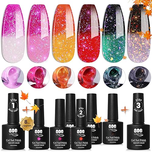 YTD Likomey Brocade - Juego de esmaltes de uñas de gel que cambian de color con purpurina, 6 colores con capa base y capa superior, cambio de