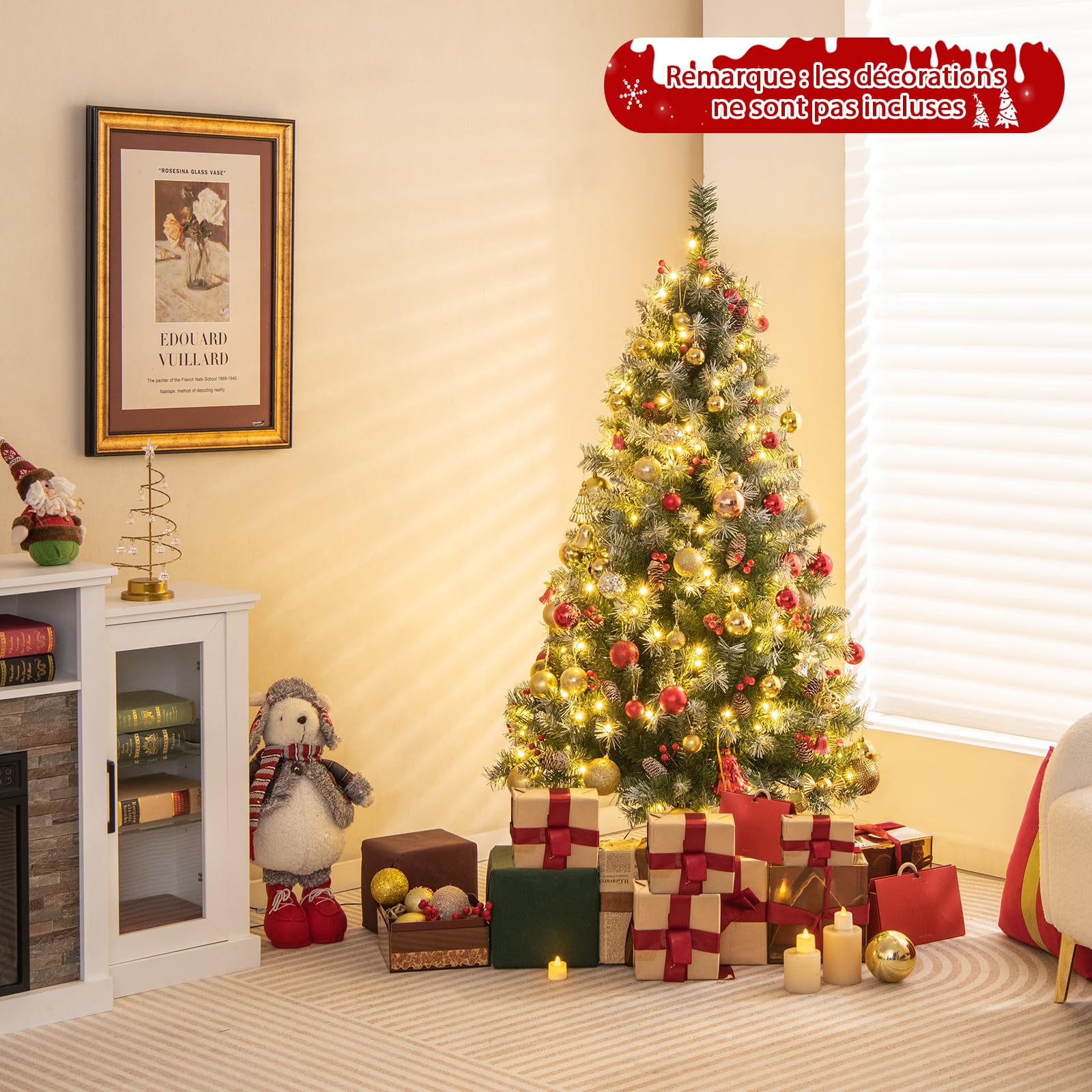 COSTWAY Sapin de Noël 150 cm, 450 Branches Articulées avec 200 LED Blanc Chaud, 8 Éclairage, Baies Rouges & Pommes de Pin, Arbre de Noël pour Fêtes, Bureau, Maison(150 cm)