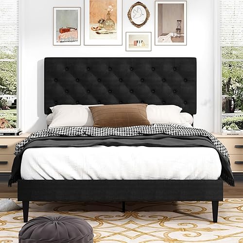 Miniatura 31 de BarnFurin Base de cama Queen, plataforma tapizada con cabecera capitoné con botones, camas de tela tamaño Queen con soporte de listones de madera,