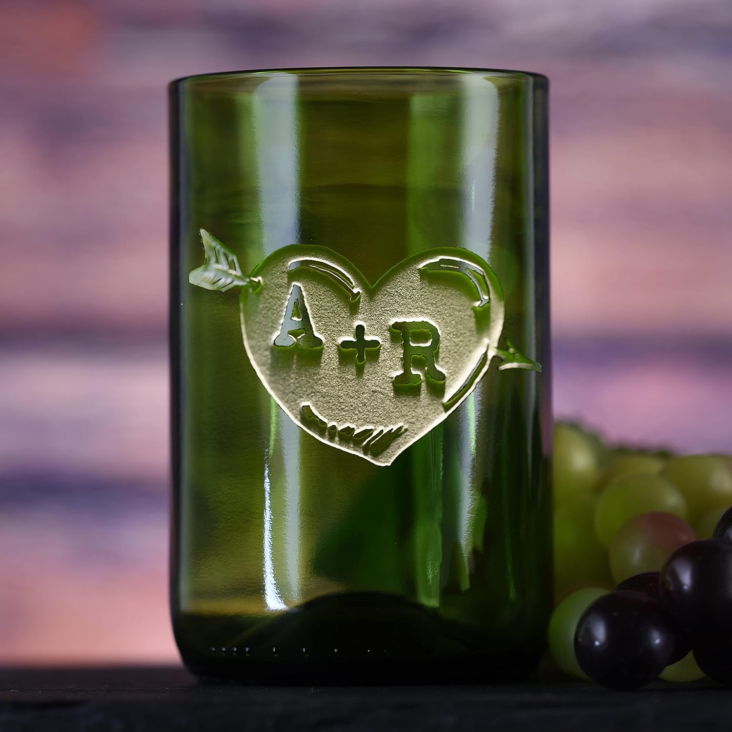 Green Recycle Wine Bottle Glass, Engraved Heart Arrow Tumbler Set Of 2