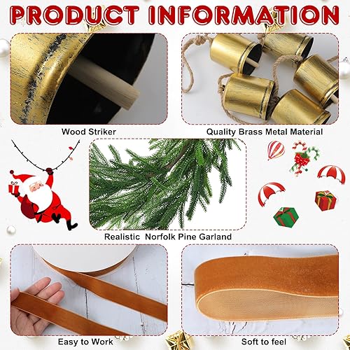 Miniatura 3 de 1 guirnalda de pino Norfolk con 1 cinta de terciopelo caqui, 3 campanas rústicas de hierro forjado para decoración del hogar de Navidad (9 pies)