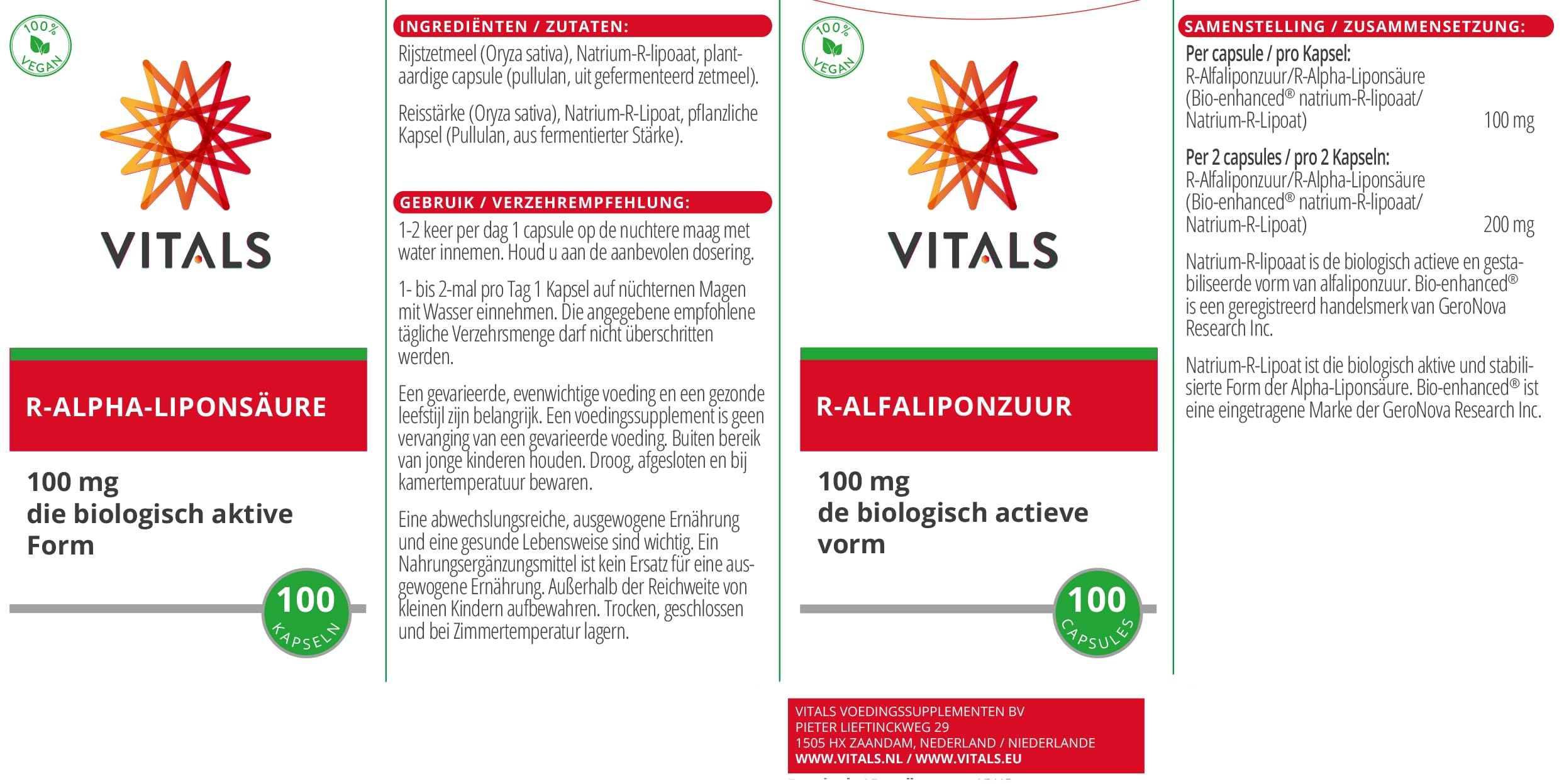 Vitals - R-Alpha-Liponsäure 100 Kapseln mit 100mg der biologisch aktiven Form. Mit Bio-enhanced Natrium-R-Lipoat von GeroNova. Stabil und mit hoher Bioverfügbarkeit.