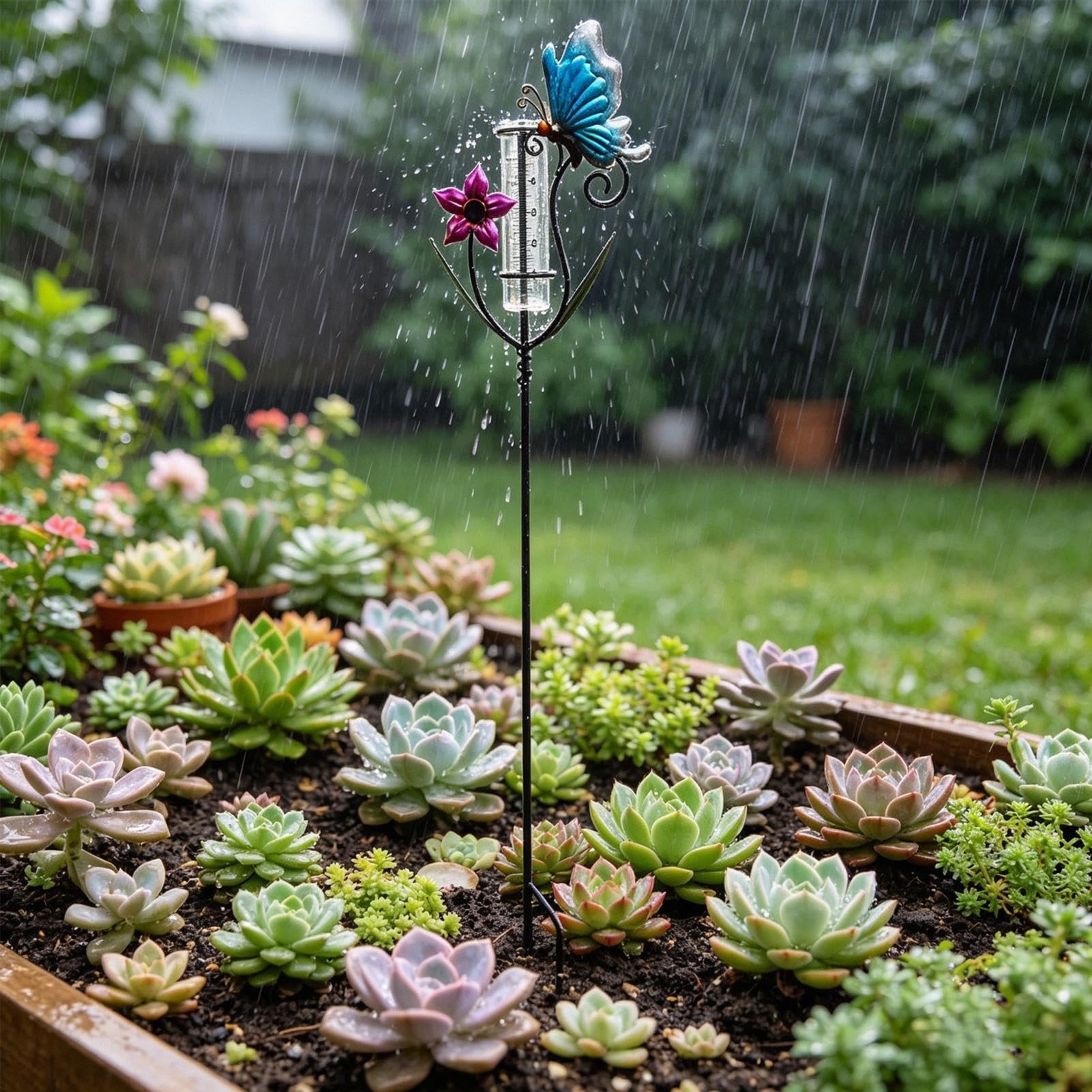 Pluviometro da Esterno con Asta di Misurazione Design Farfalle e Fiori | Pluviometri per Acqua Piovana Per Prato, Cortile, Deck, Patio, Recinto, Fattoria, Giardino E Aree