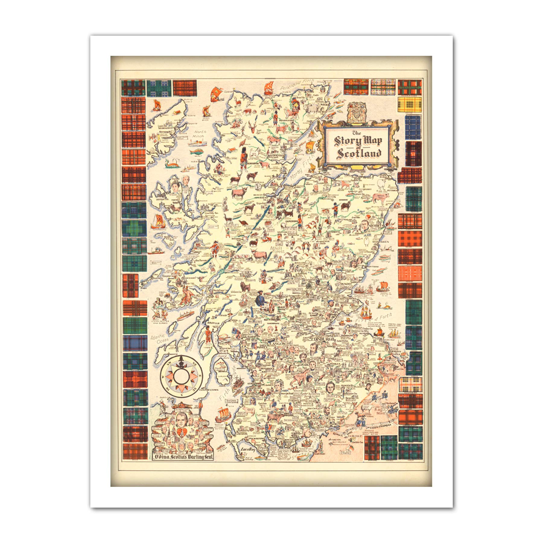 Artery8 Framed White 18X24 Map Colortext 1935 Story Scotland Historic Pictorial Artwork Framed Wall Art Print 18X24 Inch