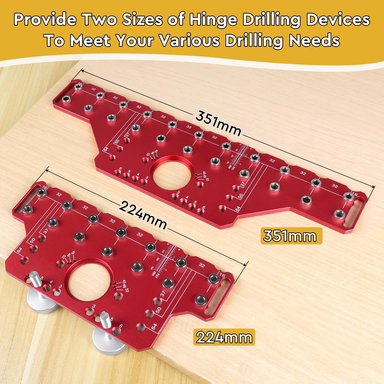 Guida di perforazione allineata 2-in-1 per spinotti e cerniere da 35 mm Guida in alluminio con punte da 5mm e 1/4 pollice, strumento ideale per fai-da-te e falegnameria (Modello lungo)
