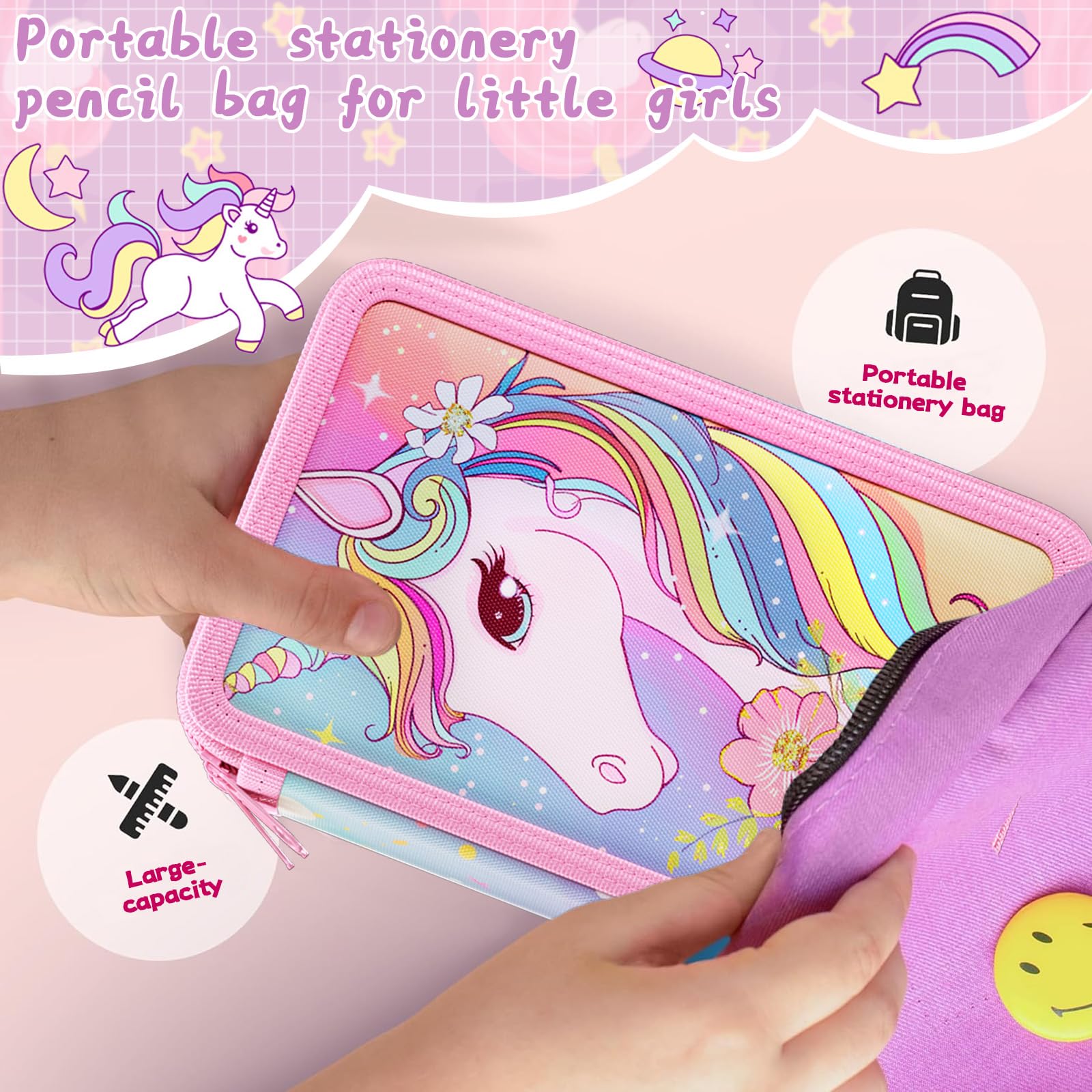 39 Pezz Astuccio unicornoe Bambina,2025 Anno Astuccio 3 Scomparti Bambina,Set scuola Cancelleria,Doppia Cerniera,Materiale Scolastic（Rosa Pesca Regalo Rientro Scuola）