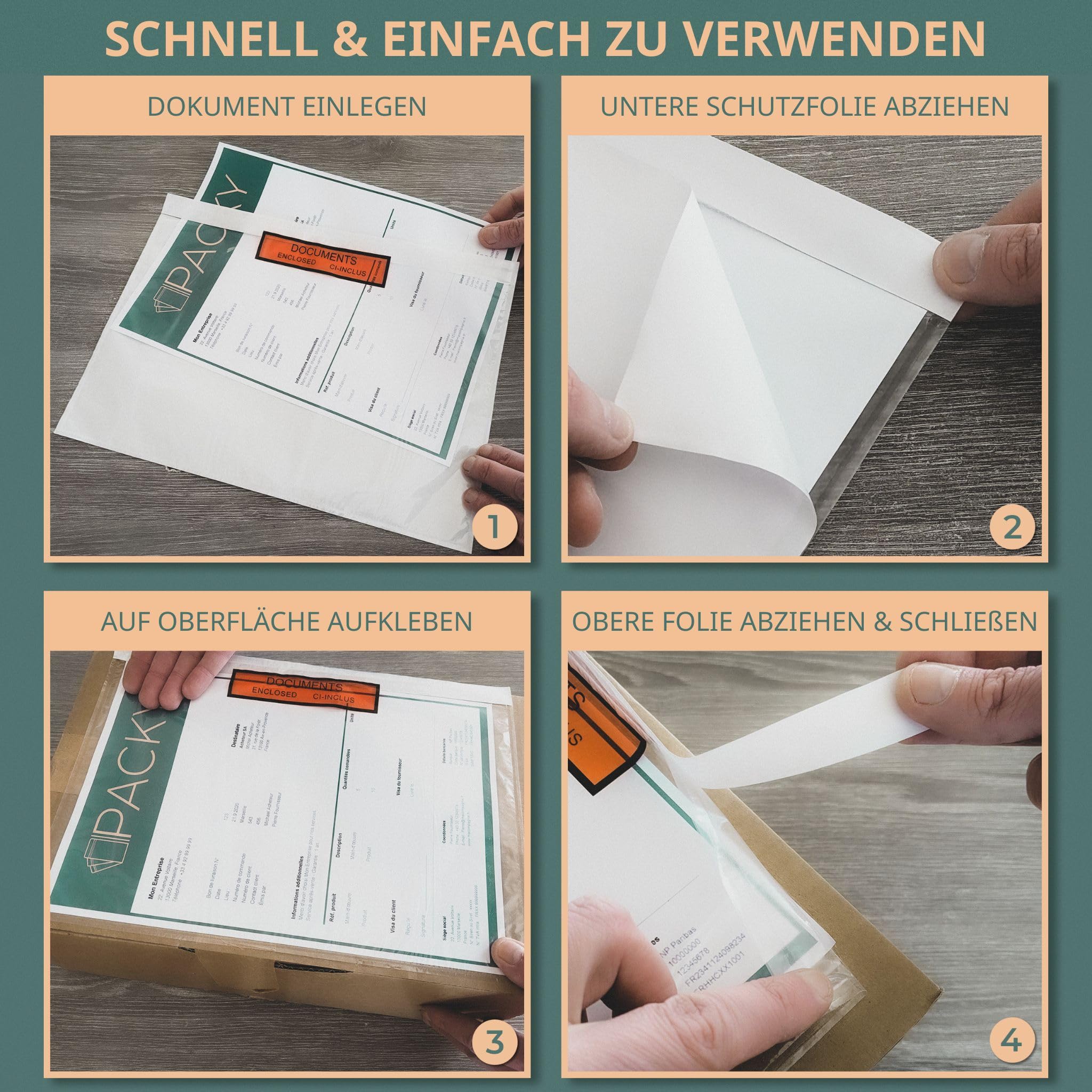 PACKY - Lieferscheintaschen Selbstklebend A4 315x225 mm - 100 Stück - Documents Enclosed