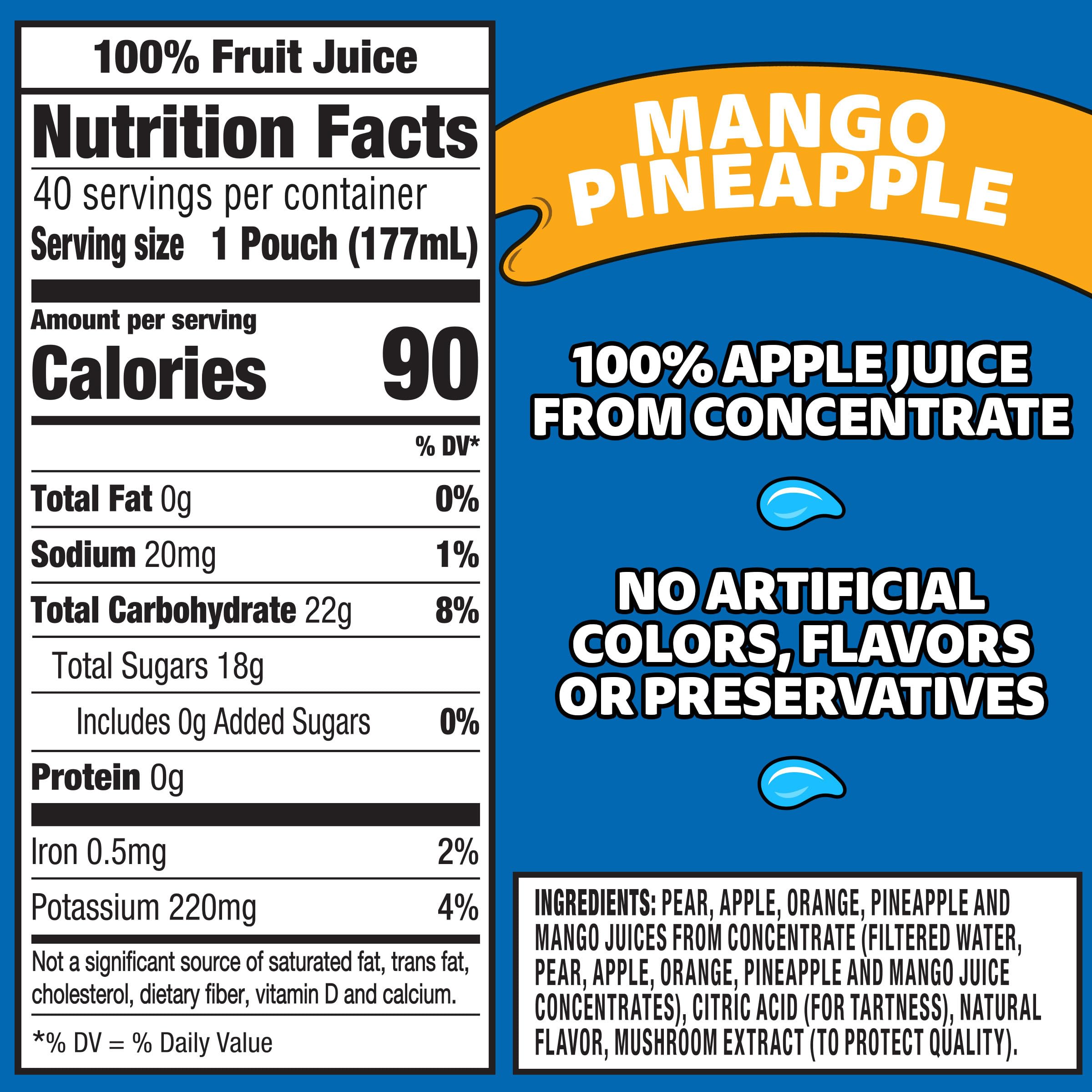 Capri Sun Mango Pineapple Flavored 100% Juice Blend from Concentrate with Added Ingredients and Other Natural Flavor, 40 ct Pack, 4 Boxes of 10 Pouches