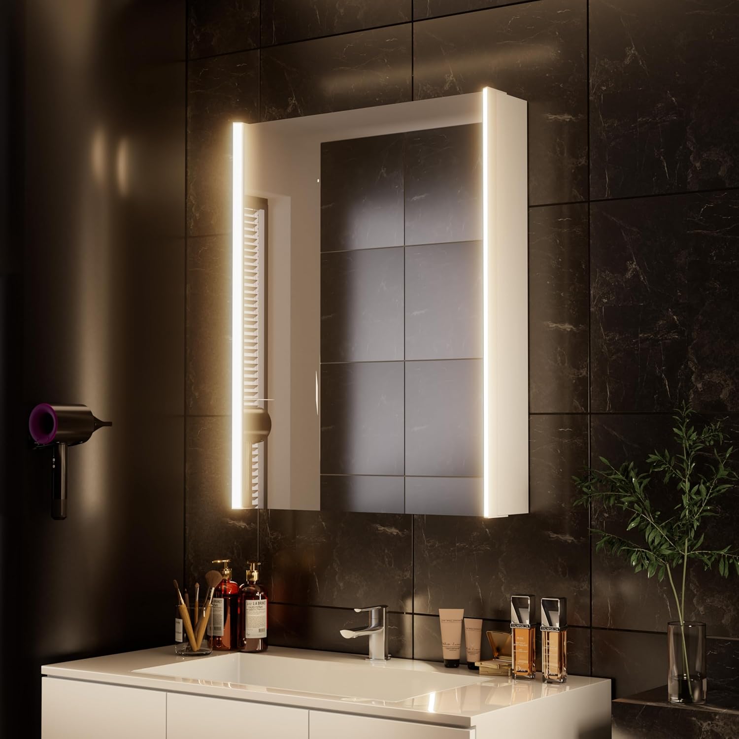 30 x 23-1/4 Inch LED Lighted Medicine Cabinet with Mirror, Moisture-Resistant Wood, Stepless Dimmable, 3000K/5500K, Adjustable Shelf, Flat-Pack Design – Assembly Required