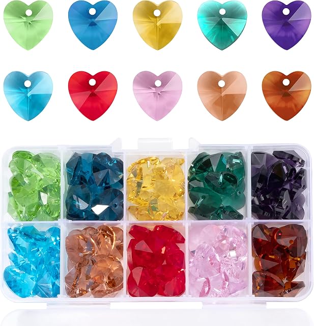 MissAudrey 100pcs Crystal Heart Shaped Beads Charms 14mm Multicolor Faceted Glass Beads Pendants for DIY Bracelet Necklace Earrings Jewellery Making Chandelier Parts Lampwork Beads