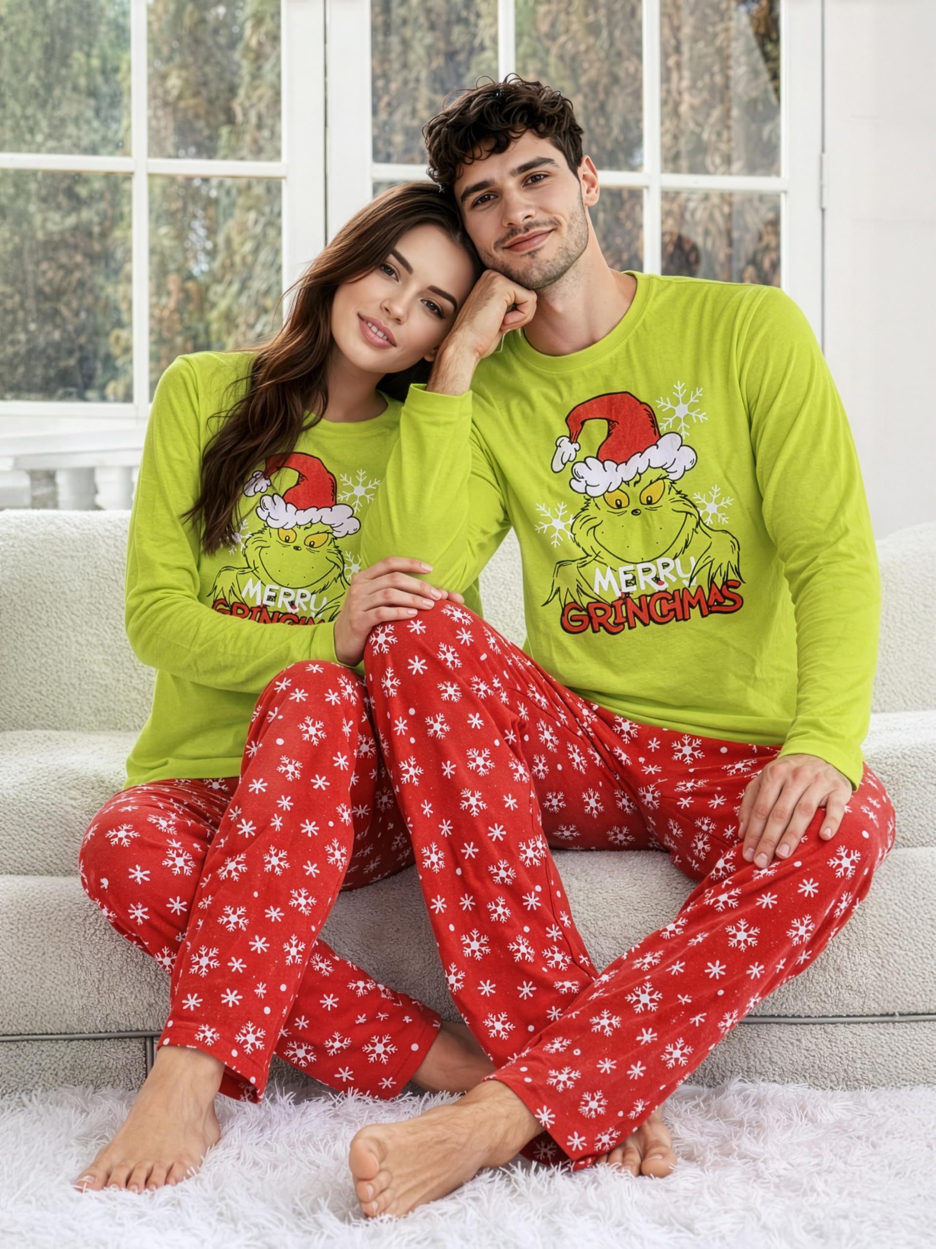 The Grinch - Pigiama da uomo e da donna, a maniche lunghe, con pantaloni Verde/Rosso