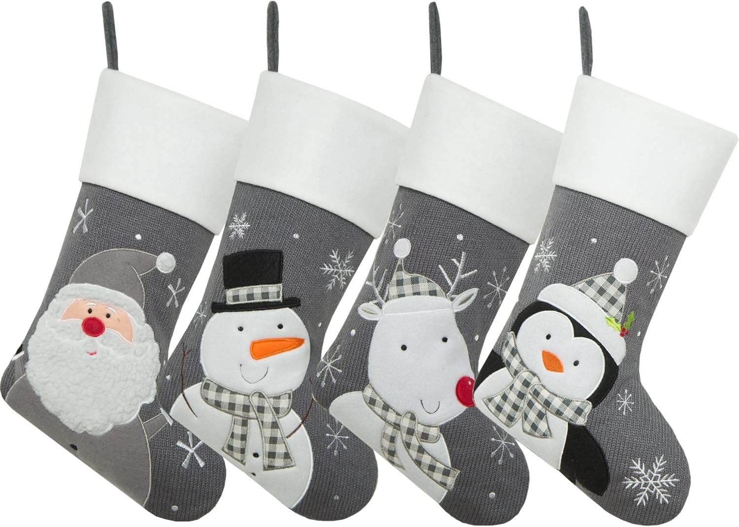 Grey Christmas Stockings kit 4 Pack Knit Xmas Stockings Hanging Stockings with Santa,Snowman,Reindeer,Penguin for Holiday Decor,Christmas Tree Decoration