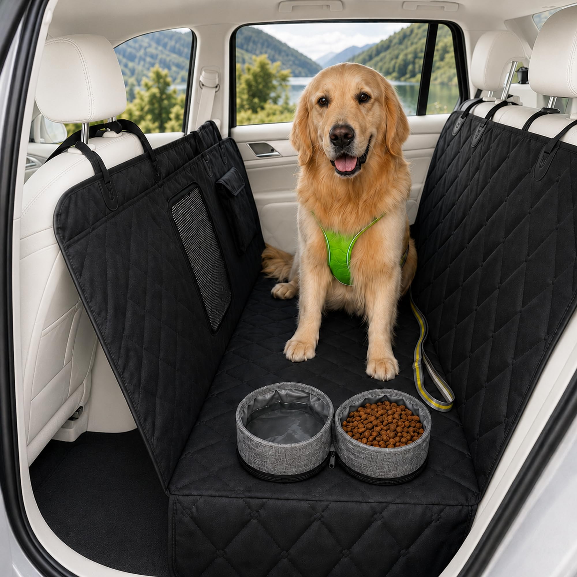 Hundeautositzbezug, Wasserdicht Kratzfest Autoschondecke Hund Rücksitz mit Sichtfenster & Seitenschutz, rutschfeste Hundedecke Auto für die meisten Autos, SUVs (Schwarz, 147 x 137 cm)