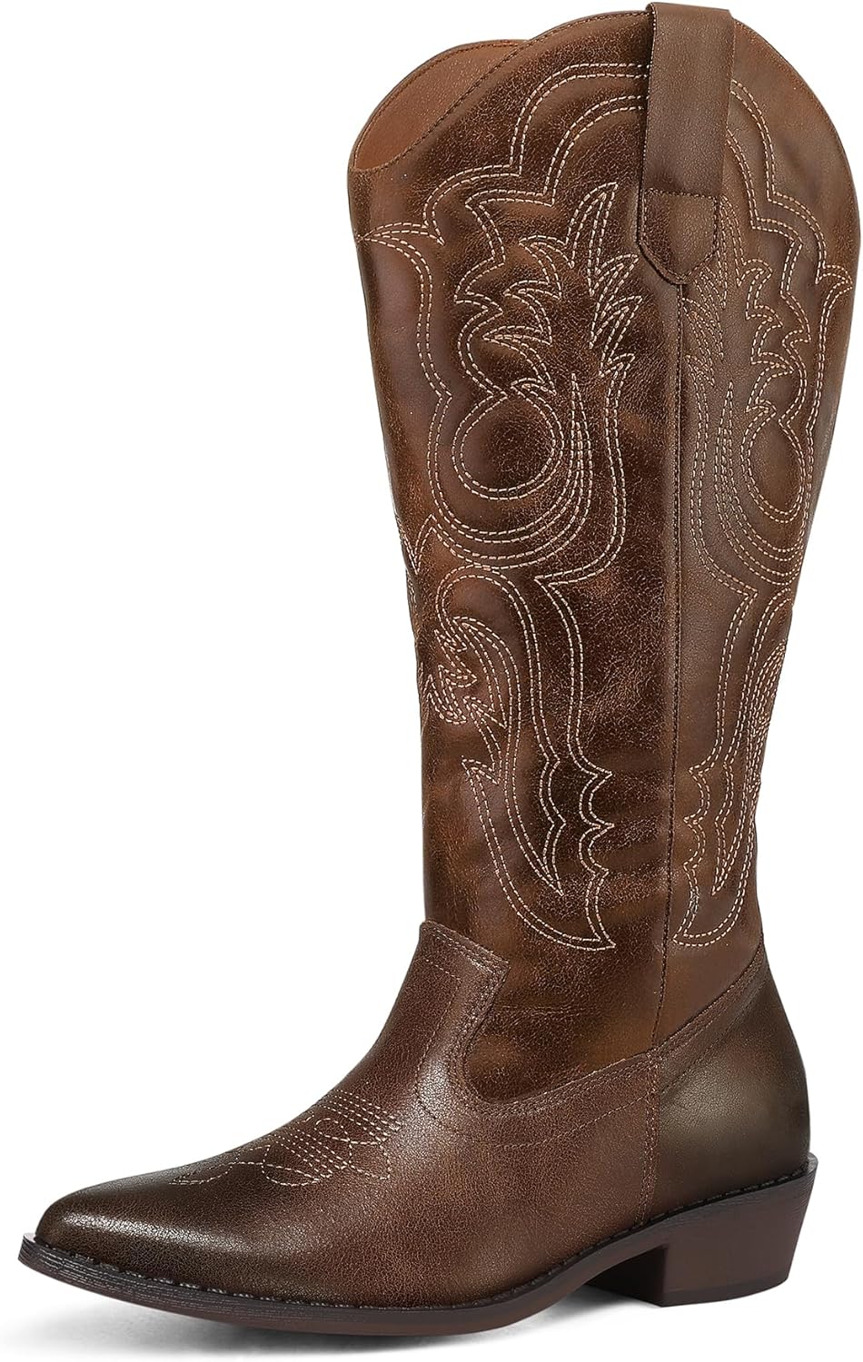 mysoft Women's Wide Calf Cowboy Boots Pull on Cowgirl Embroidered Mid Calf Pointed Toe Chunky Heel Western Boots 10 Wide Dark Brown