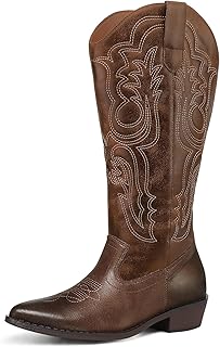 mysoft Women's Wide Calf Cowboy Boots Pull on Cowgirl Embroidered Mid Calf Pointed Toe