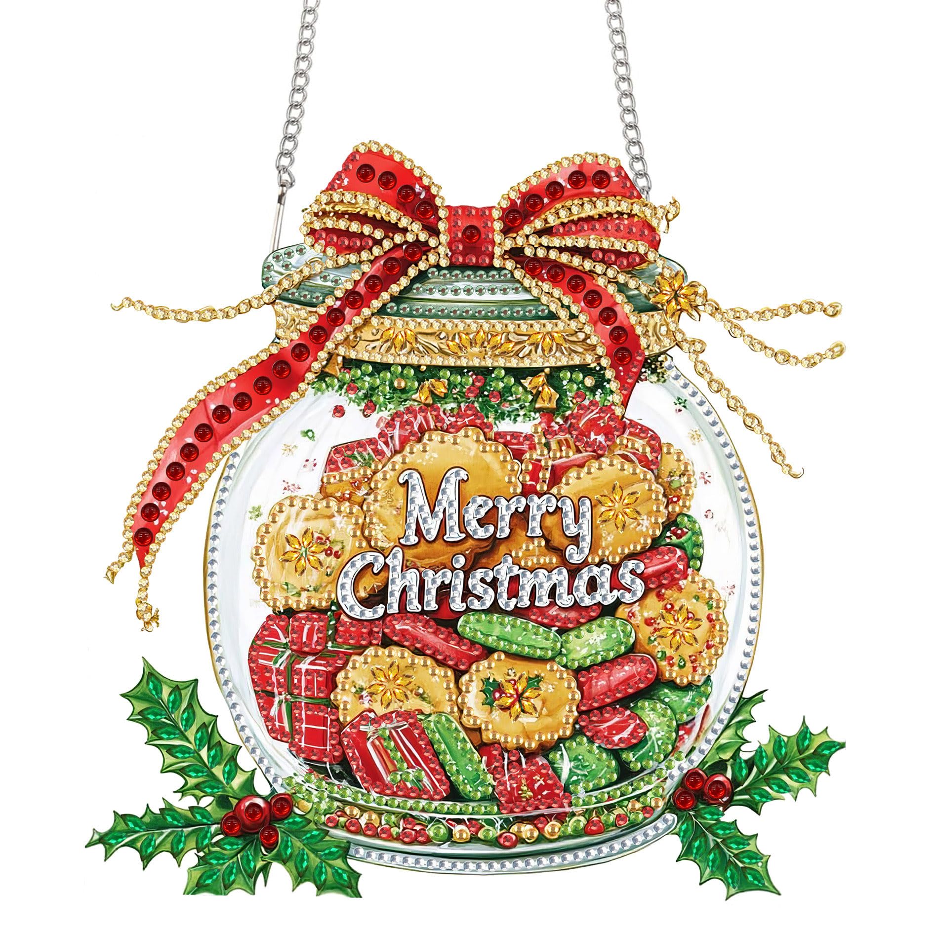 Bimkole Christmas Diamond Art Hanging Kit for Adult, DIY 5D Snacks Diamond Painting Window Pendant, Acrylic Crystal Art Hanging Ornament for Wall Home Garden Front Door Decor - 20x20 cm