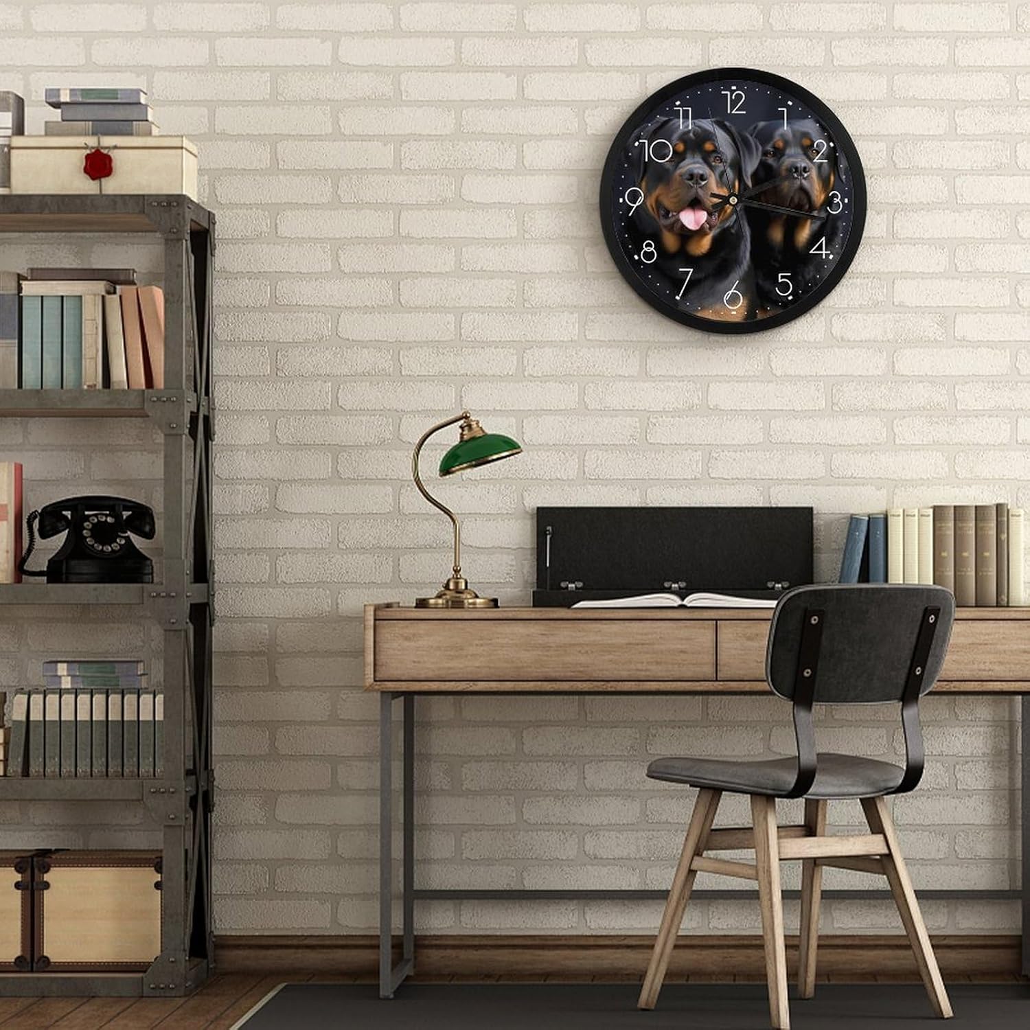 10 Inch Wall Clock Rottweiler Wallpaper Battery Operated Wall Clocks Silent Non-Ticking Round Wall Clock for Living Room Kitchen Home Office Wall Decorative Clock