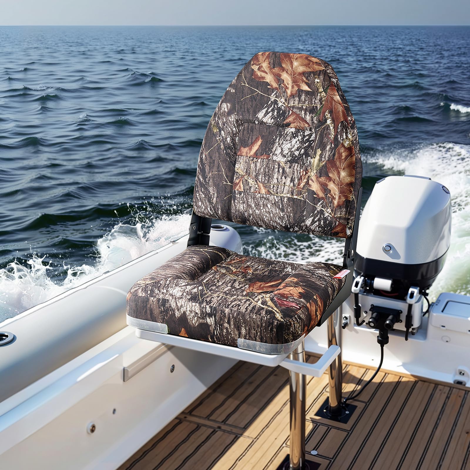 VEVOR Siège de Bateau à Dossier Haut 2PCs, Support de Siège de Bateau Pliable, avec Coussin en Éponge Épais et Tissu en Polyester PU, Charnières en Alliage d'Aluminium, pour Pêche, Camouflage