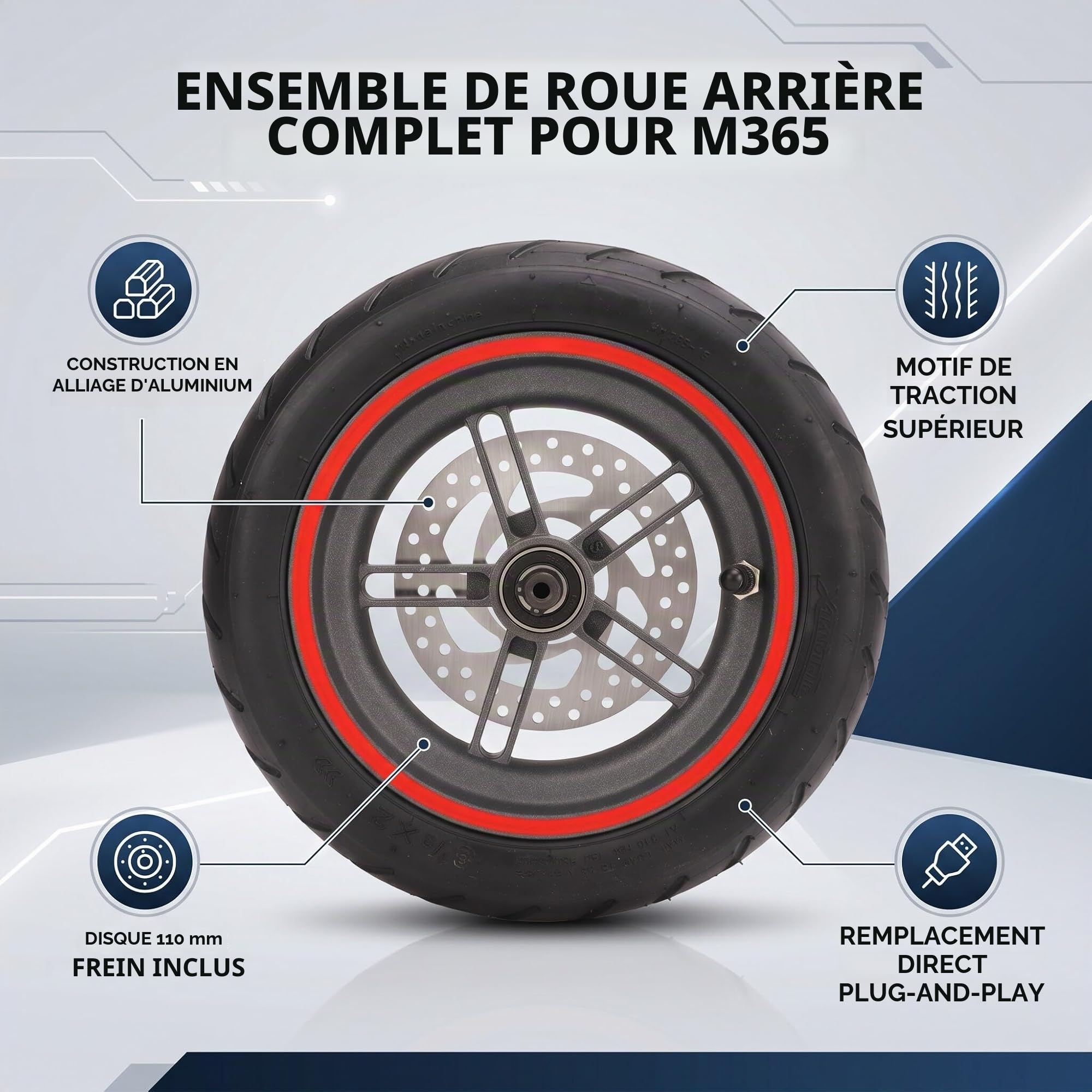Ensemble de Roue Arrière de Scooter électrique, Pneu de Roue en Caoutchouc avec Frein à Disque de 110 Mm pour M365 1S