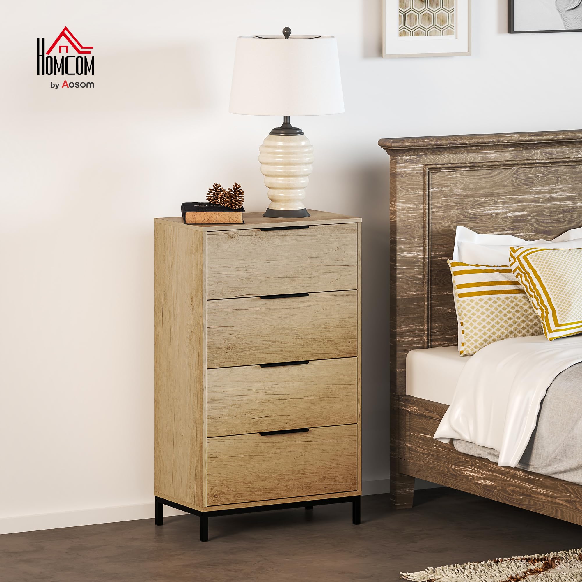HOMCOM Cómoda de 4 Cajones Alta con Tiradores Metálicos Cómoda para Dormitorio Cajonera Estrecha para Pasillo y Salón 62x35x105 cm Natural